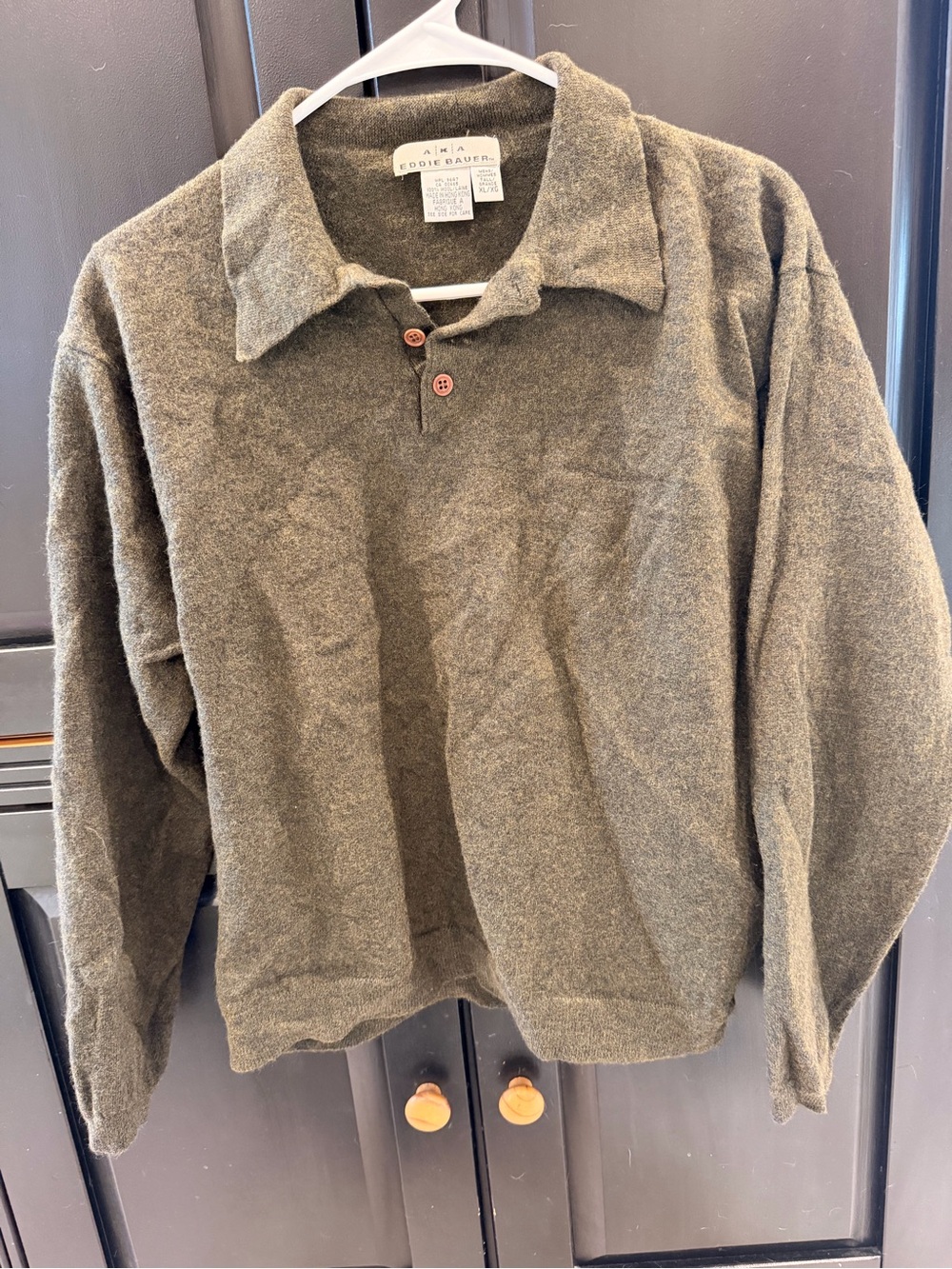 Vintage Eddie Bauer Knit Polo Sweater XL/XG – Olive Heather Wool Blend Collared
